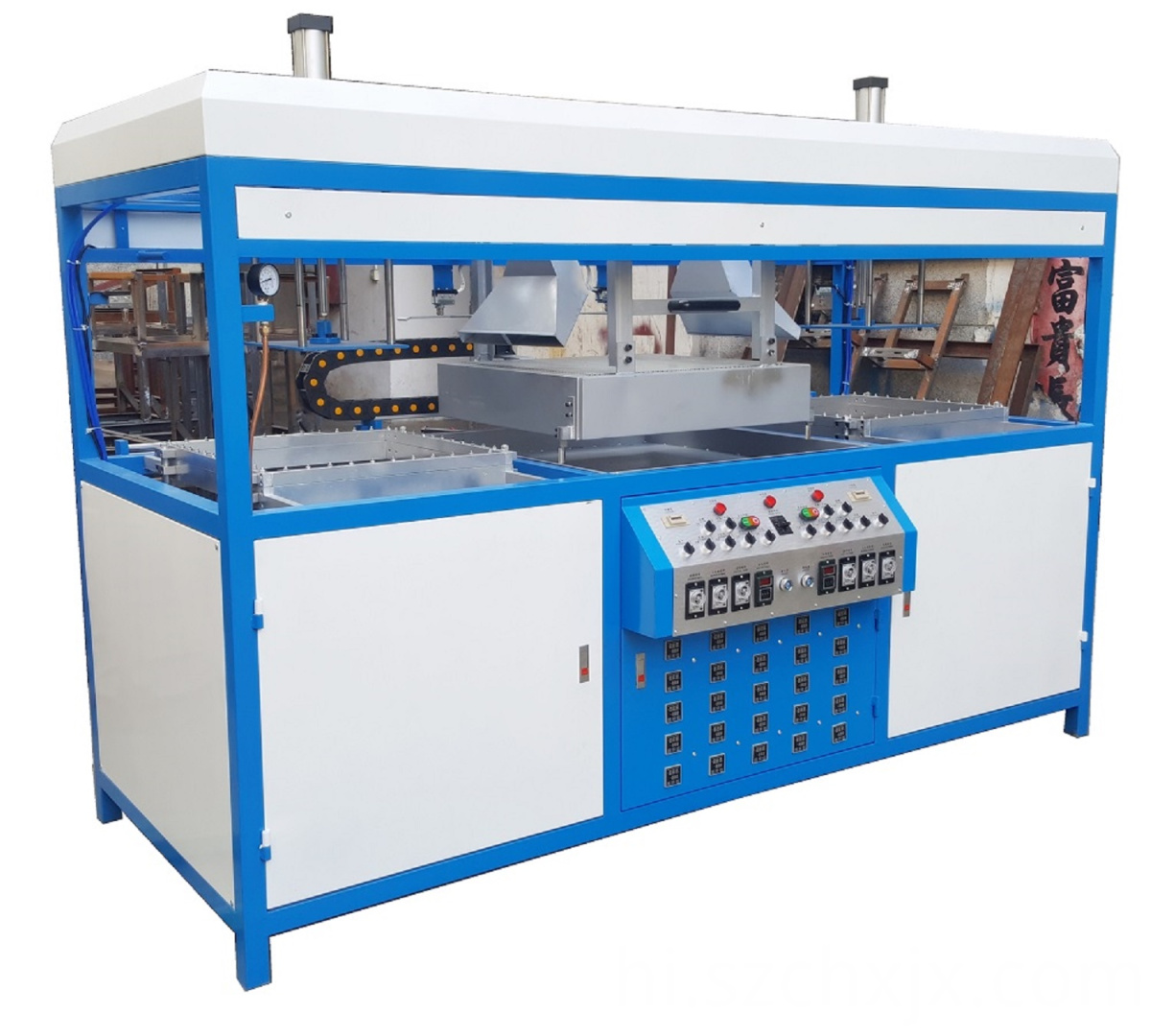 डबल वर्किंग स्टेशन वैक्यूम बनाने की मशीन फिसलते हैं Double working stations blister vacuum forming machine